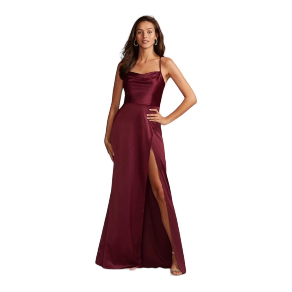 David’s Bridal Satin Charmeuse Cowl Neck Cross Back Slip Dress with Slit - Picture 1 of 9